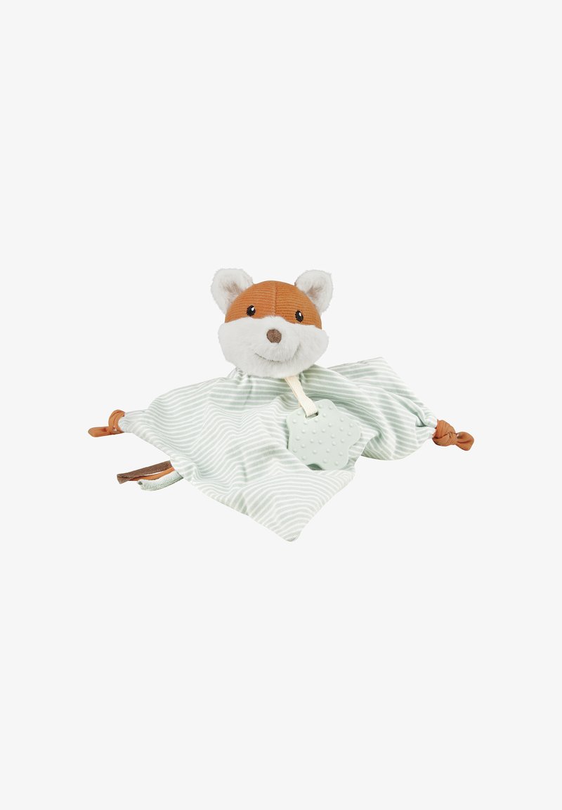 Stuffed fox toy with a brown and white plush head, green striped blanket, and a mint green textured star-shaped teether attached.
