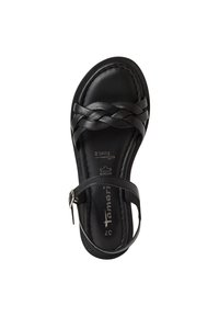 Sandal en cuir noir avec des brides tressées à l'avant, une sangle de cheville ajustable avec boucle, et une semelle rembourrée, vue de dessus.