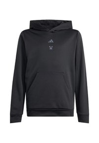 Svart hoodie i slätt tyg med en framficka, justerbar snoddhuva och diskret grafiskt tryck på bröstet.