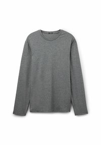 Graues Langarm-T-Shirt aus einem weichen, strukturierten Stoff. Mit rundem Ausschnitt und geradem Saum mit seitlichen Schlitzen. Keine Muster oder Akzente.