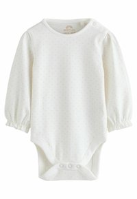 Witte babybodysuit met lange mouwen en elastische manchetten, voorzien van een subtiel stippenpatroon in pastelkleuren en drukknoopjes bij de schouder en onderkant.