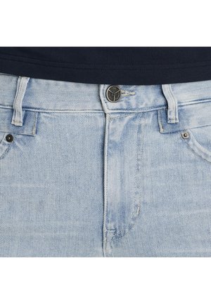 Light blue denim jeans with a classic fit, featuring a button closure with dark hardware, five pockets, and subtle fading detail.