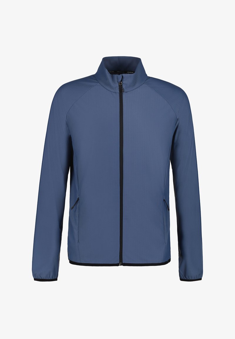 Herrenjacke in Blau, aus leichtem, strukturiertem Stoff. Verfügt über einen Stehkragen, einen durchgehenden Reißverschluss und zwei Seitentaschen mit Reißverschluss.