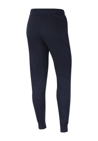 Marineblaue Sweatpants aus weichem Stoff, mit tapered Bein-Design, elastischem Bund und seitlichen Taschen. Glatte Textur ohne Muster.
