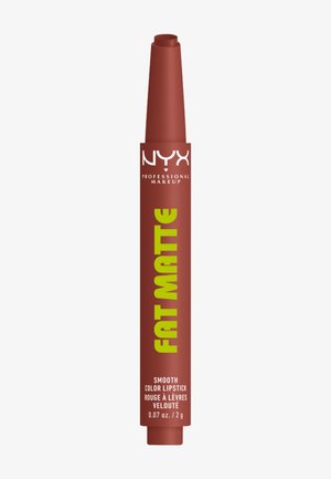 Brown NYX Professional Makeup Fat Matte smooth color lipstick pencil with green and white text on a white background.