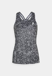 Top in bianco e nero con un motivo a macchie, caratterizzato da un scollo rotondo, spalline incrociate e un dettaglio del logo sulla parte anteriore.