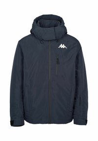 Marineblaue Kapuzenjacke mit vorderem Reißverschluss, Brust- und seitlichen Reißverschlusstaschen, verstellbaren Bündchen und weißem Logo auf der oberen linken Brust.