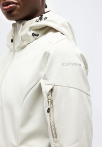 Gros plan sur une personne portant une veste beige clair avec capuche, une poche zippée sur la manche et le logo "ICEPEAK" sur le haut du bras.