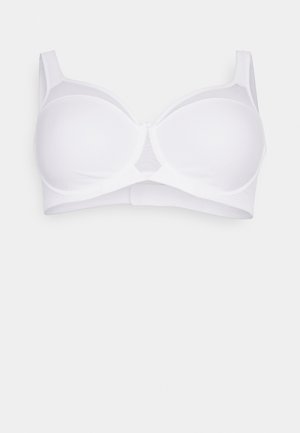 Sostenitore bianco con coppe modellate, spalline regolabili e una texture liscia. Presenta un design senza cuciture con chiusura centrale a gancio.