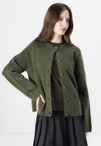 Olivově zelený cardigan vyrobený z měkkého pleteného materiálu, s kulatým výstřihem, zapínáním na knoflíky a dlouhými rukávy, doplněný hnědým topem.