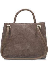 Bruine suède handtas met een rechthoekige vorm. Heeft ronde handvatten, gouden ringen en een gladde leren afwerking langs de randen.