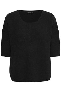 Løs sort strikket sweater med bred halsudskæring, korte ærmer og struktureret stof. Har en boxy silhuet og blød, fuzzy tekstur.