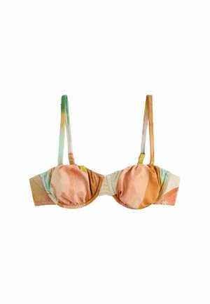 Alusosalla varustettu bikiniyläosa, jossa säädettävät olkaimet ja monivärinen pastellinsävyinen tie dye -kuvio oranssin, vihreän ja beigen sävyissä.