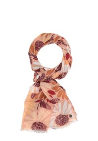 Eșarfă ușoară cu un model floral în nuanțe de portocaliu, roșu și crem, având margini franjurate și un mic accent metalic rotund.
