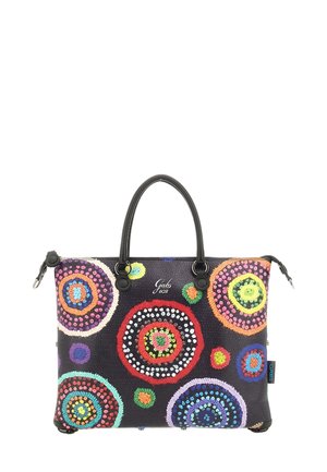 Borsa in pelle con sfondo nero decorato da motivi circolari multicolori, doppi manici e chiusura con zip.