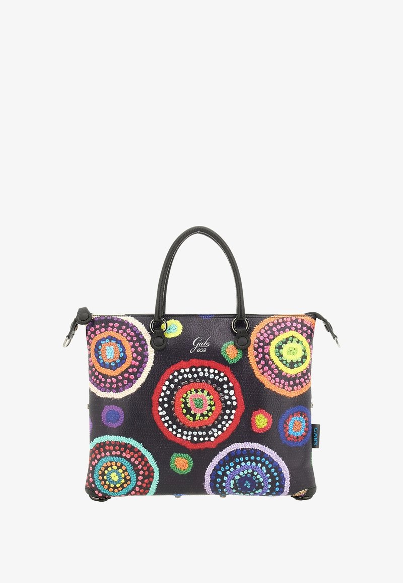 Borsa in pelle con sfondo nero decorato da motivi circolari multicolori, doppi manici e chiusura con zip.