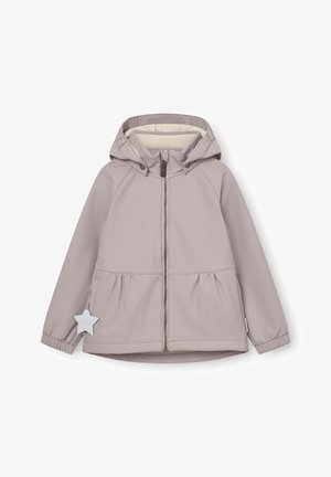 Veste à capuche pour enfants en mauve clair avec fermeture éclair à l'avant, poignets élastiques, et étiquette réfléchissante en forme d'étoile sur la manche gauche.