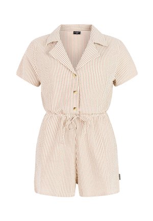 Gestreepte korte romper in beige en roze tinten, met een kraag, knoopsluiting aan de voorkant, verstelbare tailleband en korte mouwen.