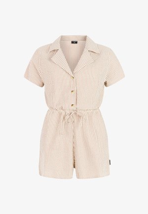 Gestreepte korte romper in beige en roze tinten, met een kraag, knoopsluiting aan de voorkant, verstelbare tailleband en korte mouwen.