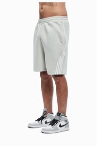 Világosszürke pamut rövidnadrág elasztikus derékpánttal. Három fehér csíkkal az oldalon és visszafogott márkajelzéssel az elején. Egy pár szürke-fehér magas szárú tornacipő.