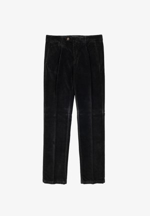 Zwarte corduroy broeken met een rechte pijpontwerp, voorzien van een enkele knoopsluiting en opvallende verticale ribbels.