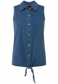 Denim-Hemd ohne Ärmel in Blau, mit Kragen, vorderem Knopfverschluss mit goldfarbenen Knöpfen und einem Knoten-Detail am Saum.