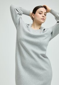 Hellgraues Strickkleid aus weichem Stoff, mit lässigem Schnitt, langen Ärmeln und rundem Halsausschnitt, minimalistischem Design und glatter Textur.