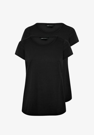 Zwei schlichte schwarze T-Shirts mit kurzen Ärmeln und Rundhalsausschnitt, übereinandergelegt auf weißem Hintergrund dargestellt.