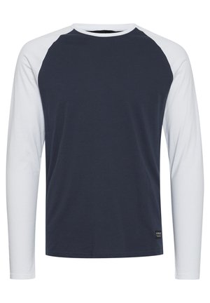 T-shirt a maniche lunghe tipo raglan con corpo blu navy e maniche bianche, realizzato in cotone, con scollatura rotonda e un piccolo logo vicino all'orlo.