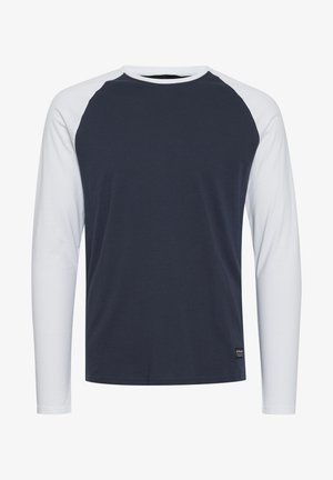 T-shirt a maniche lunghe tipo raglan con corpo blu navy e maniche bianche, realizzato in cotone, con scollatura rotonda e un piccolo logo vicino all'orlo.