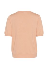 Maglietta a maglia rosa chiaro a maniche corte con scollatura rotonda e bordo a coste, caratterizzata da una texture morbida e maniche leggermente a sbuffo.
