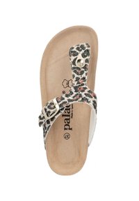 Sandalo flip-flop leggero con un motivo a stampa leopardo multicolore, una comoda soletta marrone e una trama regolabile con dettagli in argento.