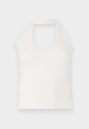 White sleeveless top with a high neck and deep V-shaped front, showcasing a smooth texture and a simple, fitted design.