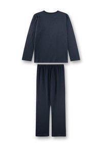 Dunkelblaues Langarm-Oberteil und Hose aus weichem, leichtem Stoff. Die Hose hat einen elastischen Bund; schlichtes, nahtloses Design.