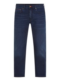 Jeans in denim blu scuro con design a gamba dritta, dotati di chiusura con bottone e zip, cinque tasche e dettagli di sbiadimento sottili.