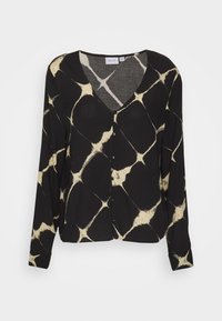 Blusa nera con bottoni, decorata con un motivo astratto in oro e crema, maniche lunghe, scollatura a V e vestibilità rilassata. Realizzata in tessuto leggero.