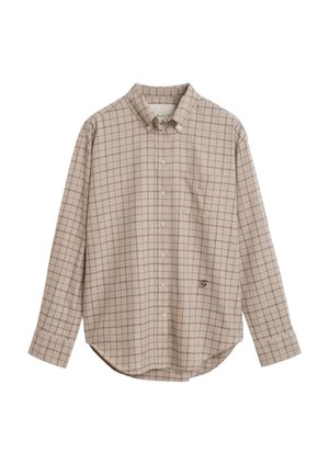 Chemise beige à manches longues avec boutons, motif à carreaux, poche avant et petit logo brodé près de l’ourlet.