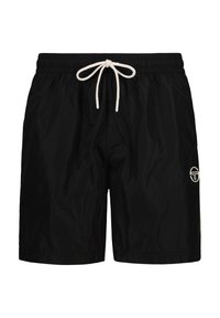 Pantaloni da bagno neri in nylon leggero, con vita elasticizzata e cordino e un logo sulla coscia sinistra.