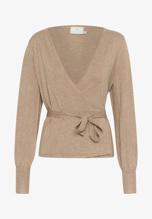 Pull-over beige en maille avec manches longues, décolleté en V profond, poignets côtelés et ceinture en tissu nouée à la taille.