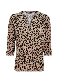 Leopardenmuster Bluse in Beige und Schwarz, mit V-Ausschnitt, 3/4-Ärmeln und Knopfdetails am Ausschnitt. Weicher Stofftexture.