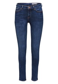 Dark blue denim skinny jeans with a mid-rise waist, five-pocket design, and contrasting stitching. Smooth texture and fitted silhouette.