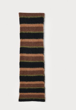 Knitted scarf featuring horizontal stripes in black, brown, olive green, and a soft texture. Rectangular shape, with a fuzzy appearance.