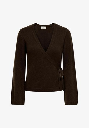 Pull-over cache-cœur marron avec un décolleté en V, des manches longues et des accents à nouer à la taille. Fabriqué en maille douce et texturée.