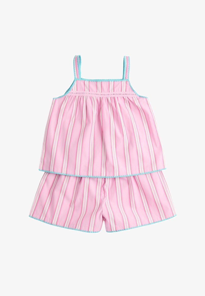 Pink sleeveless top and shorts set with vertical white and red stripes, trimmed with light blue scalloped edges.