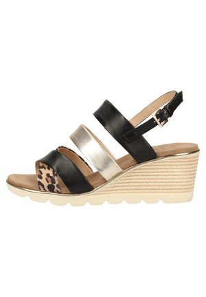 Black and gold wedge sandals with three straps, one leopard print panel, and a textured platform sole. Adjustable ankle strap included.