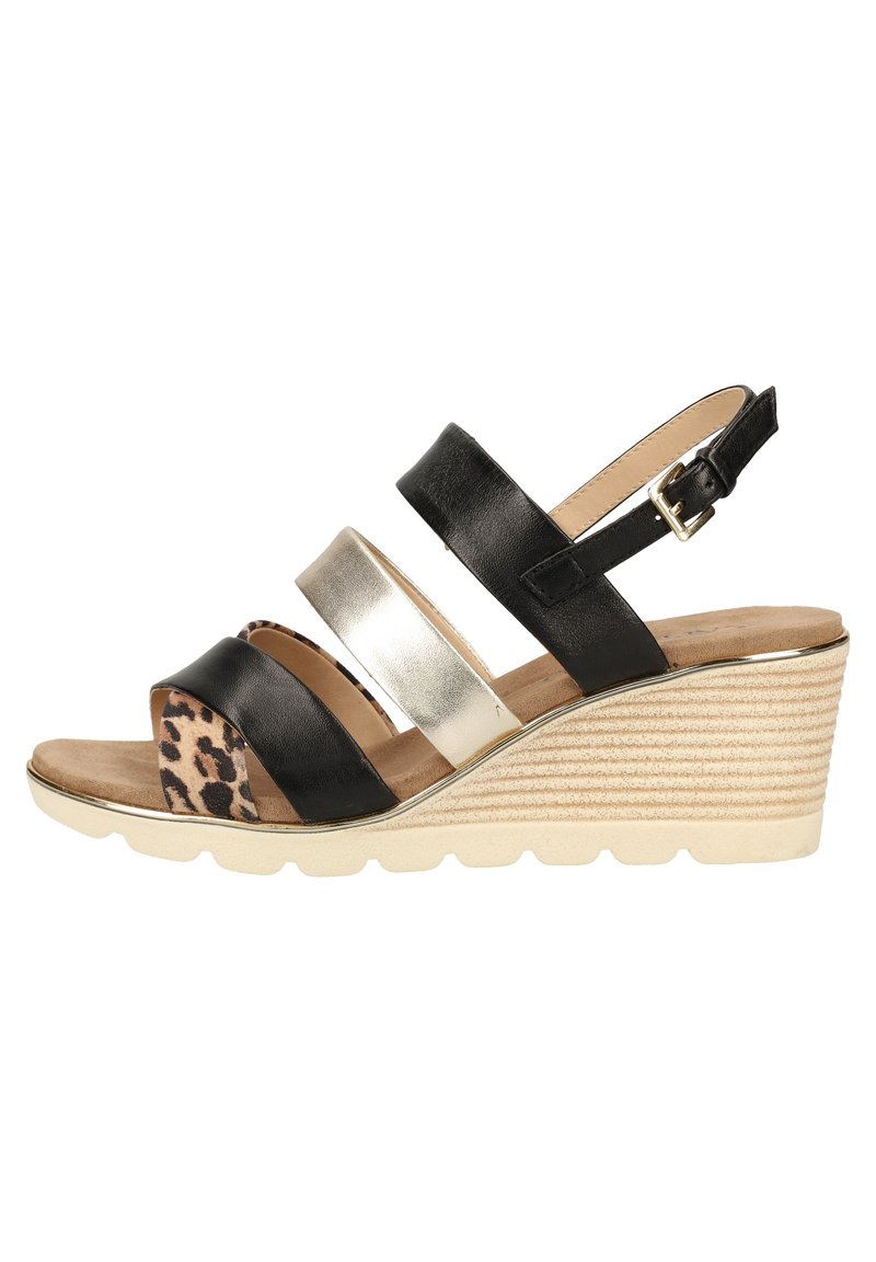 Black and gold wedge sandals with three straps, one leopard print panel, and a textured platform sole. Adjustable ankle strap included.