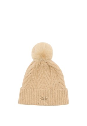 Berretto beige lavorato a maglia con risvolto a coste e un morbido pom-pom, caratterizzato da un sottile motivo a spina di pesce e glitter metallici.