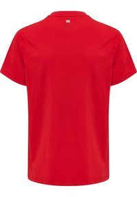 Rotes Kurzarm-T-Shirt mit Rundhalsausschnitt, aus glattem Baumwollstoff gefertigt. Verfügt über ein kleines weißes Logo auf dem oberen Rücken.