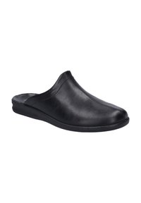 Svart lädersandal med rund tå, slät yta och ingen synlig hårdvara. Minimalistisk design med en lågt profilersula.