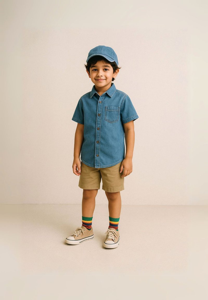 Farmerdzseki ing, khaki sort, színes csíkos zokni és bézs sportcipő. A gyermek egy illő farmerdzseki sapkát visel.